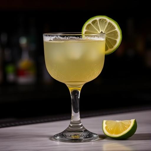 Frozen Don Julio Margarita with a salted rim and lime wheel