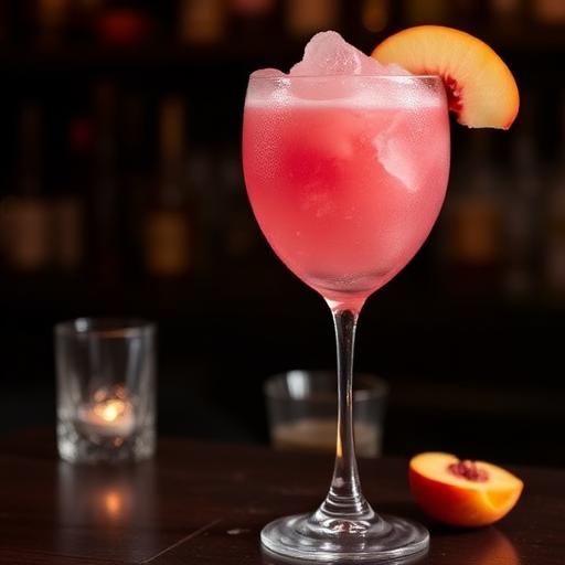 Frozay, a pink frozen drink with a peach slice
