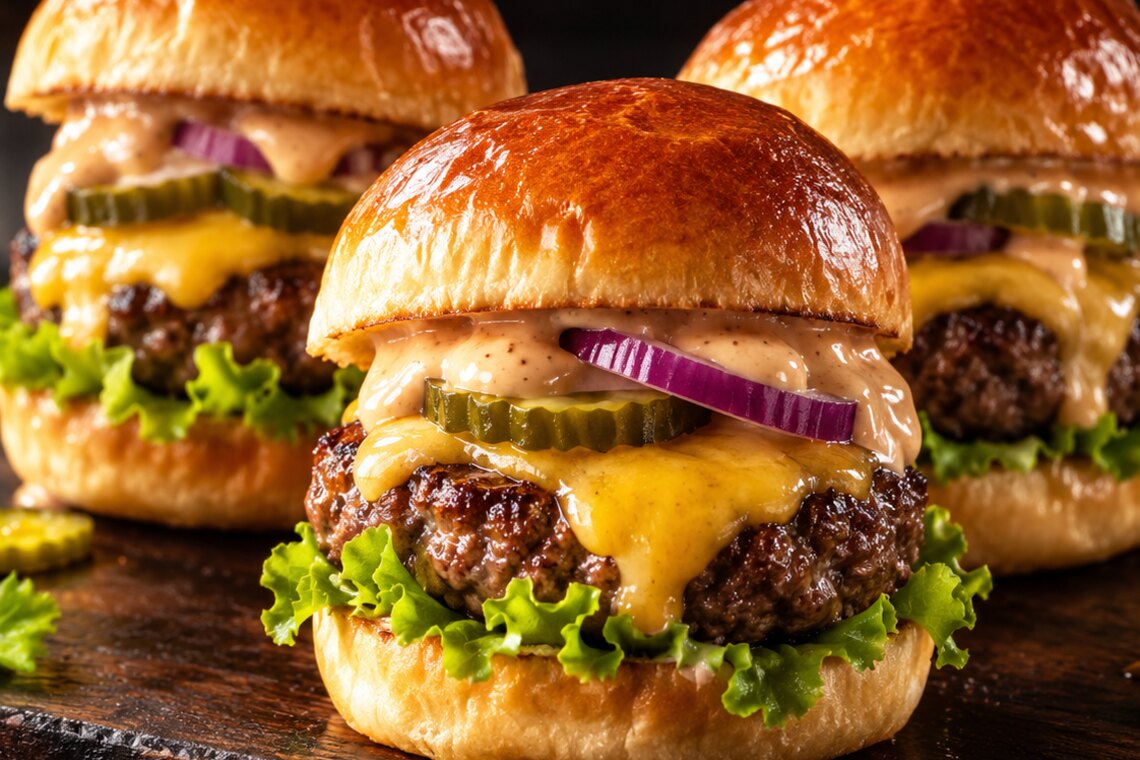 Three beef sliders with cheese, pickles and red onion