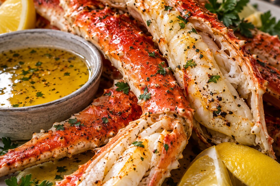King crab legs with a bowl of melted butter and lemon