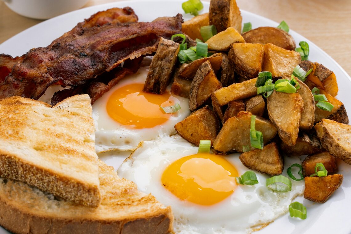 Eggs with bacon, home fries and toast