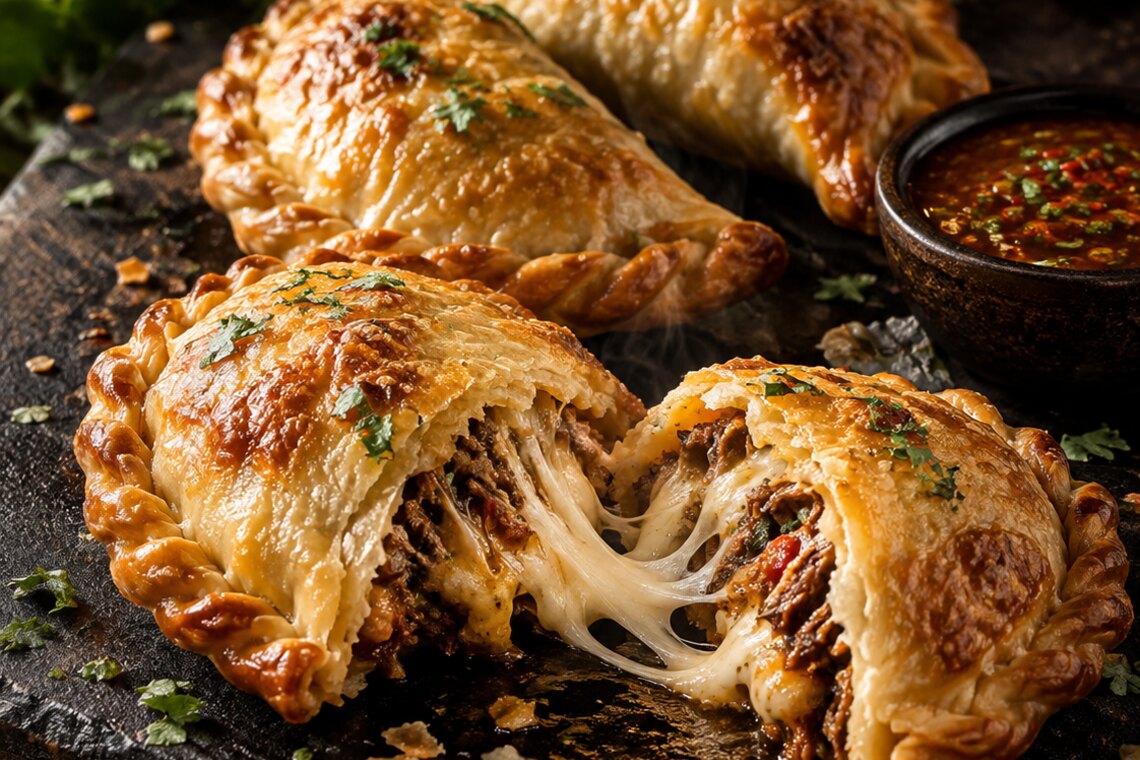 Baked empanadas with a cheesy beef filling and dipping sauce