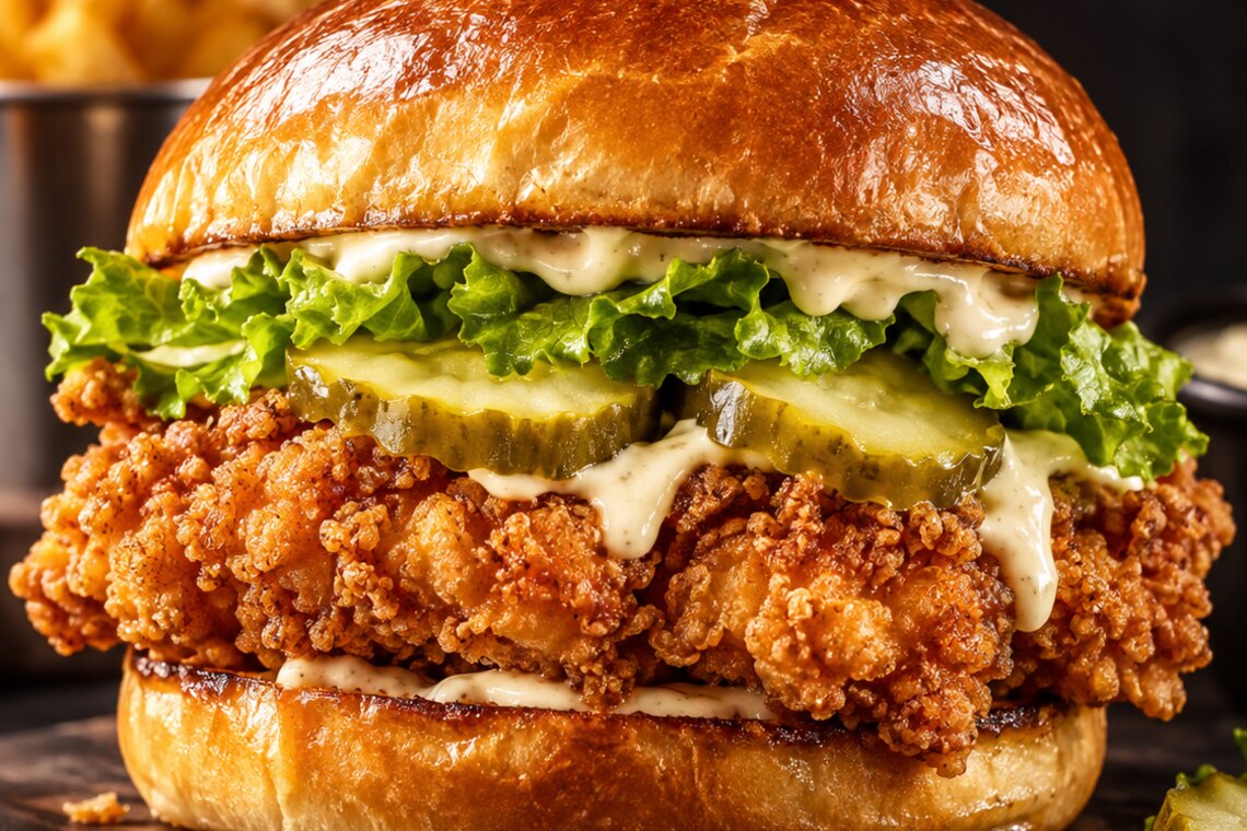 A fried chicken sandwich with pickles and lettuce on a brioche bun