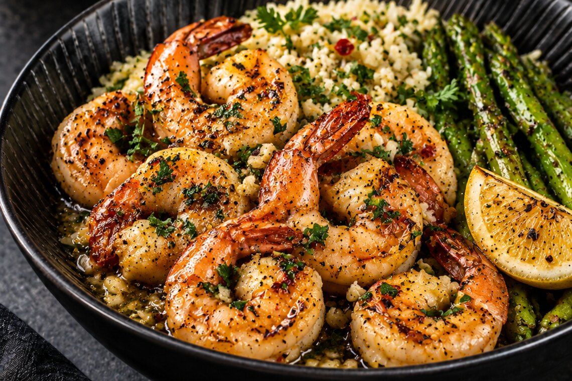 Garlic butter shrimp with rice and asparagus