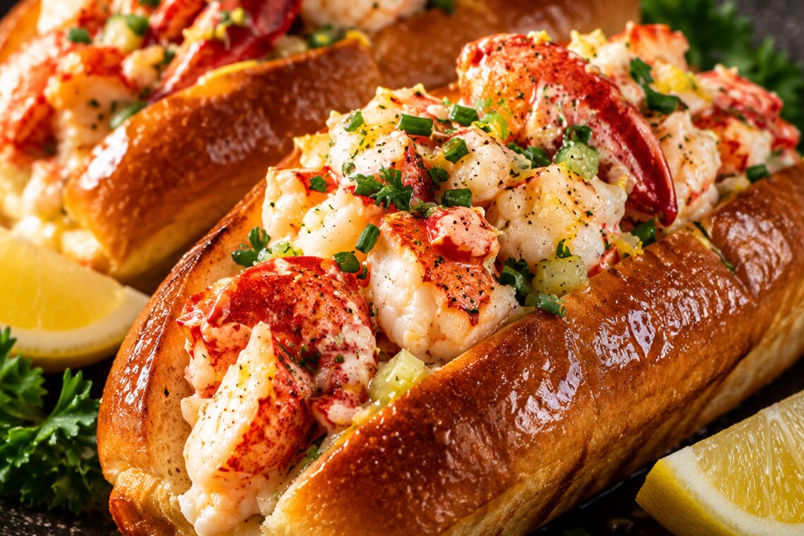 Two lobster rolls on toasted buttered buns with lemon
