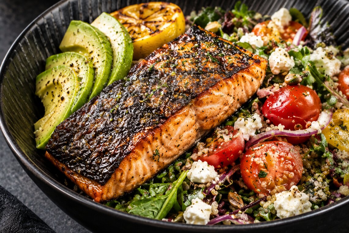 A seared salmon fillet with avocado and grain salad