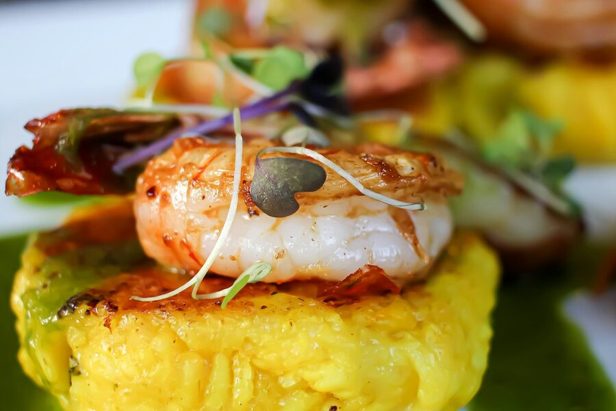 Shrimp over yellow grits
