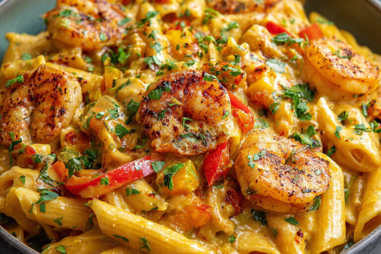 Shrimp over creamy rasta pasta with peppers