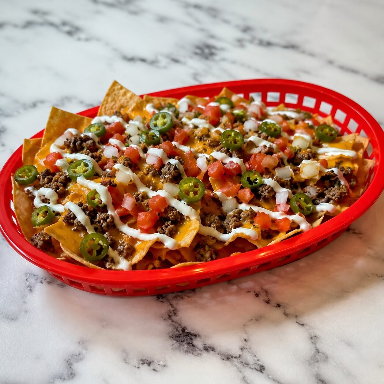 A red basket of nachos with beef, melted cheese, jalapenos, pico and sour cream