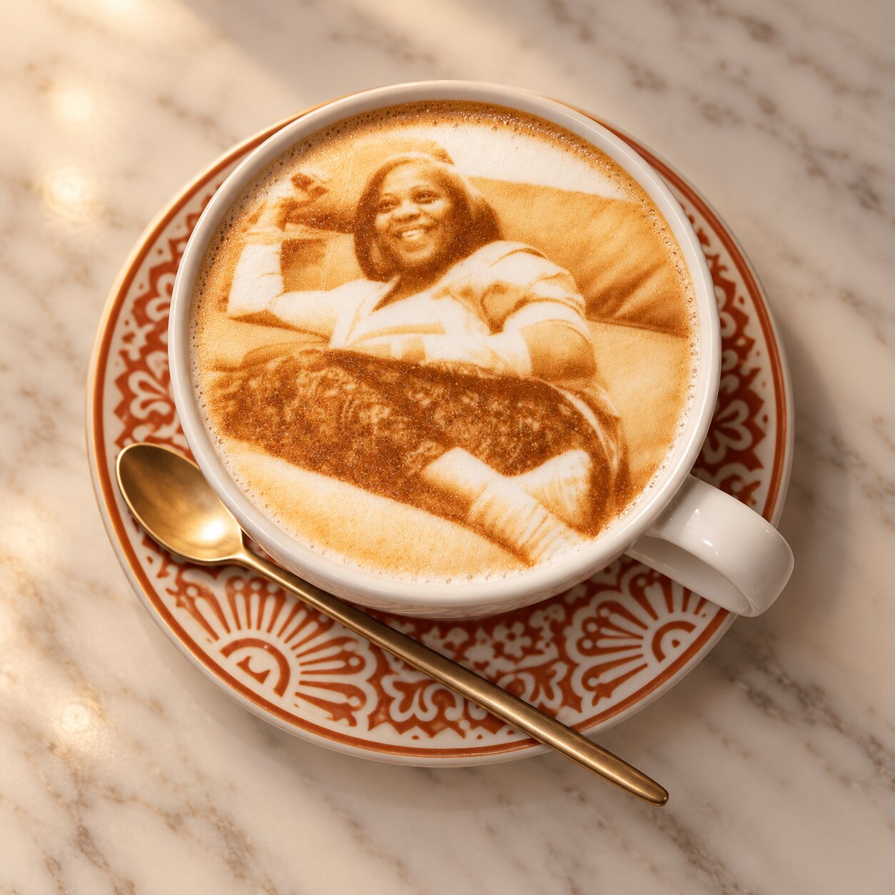 A cappuccino topped with a portrait rendered in the foam, on a patterned saucer with a gold spoon