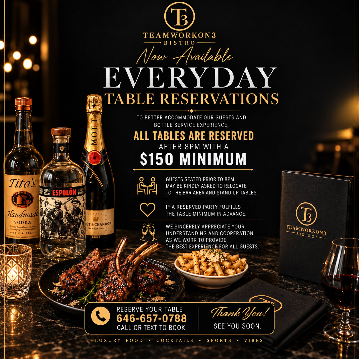 Everyday table reservations — all tables reserved after 8pm with a $150 minimum